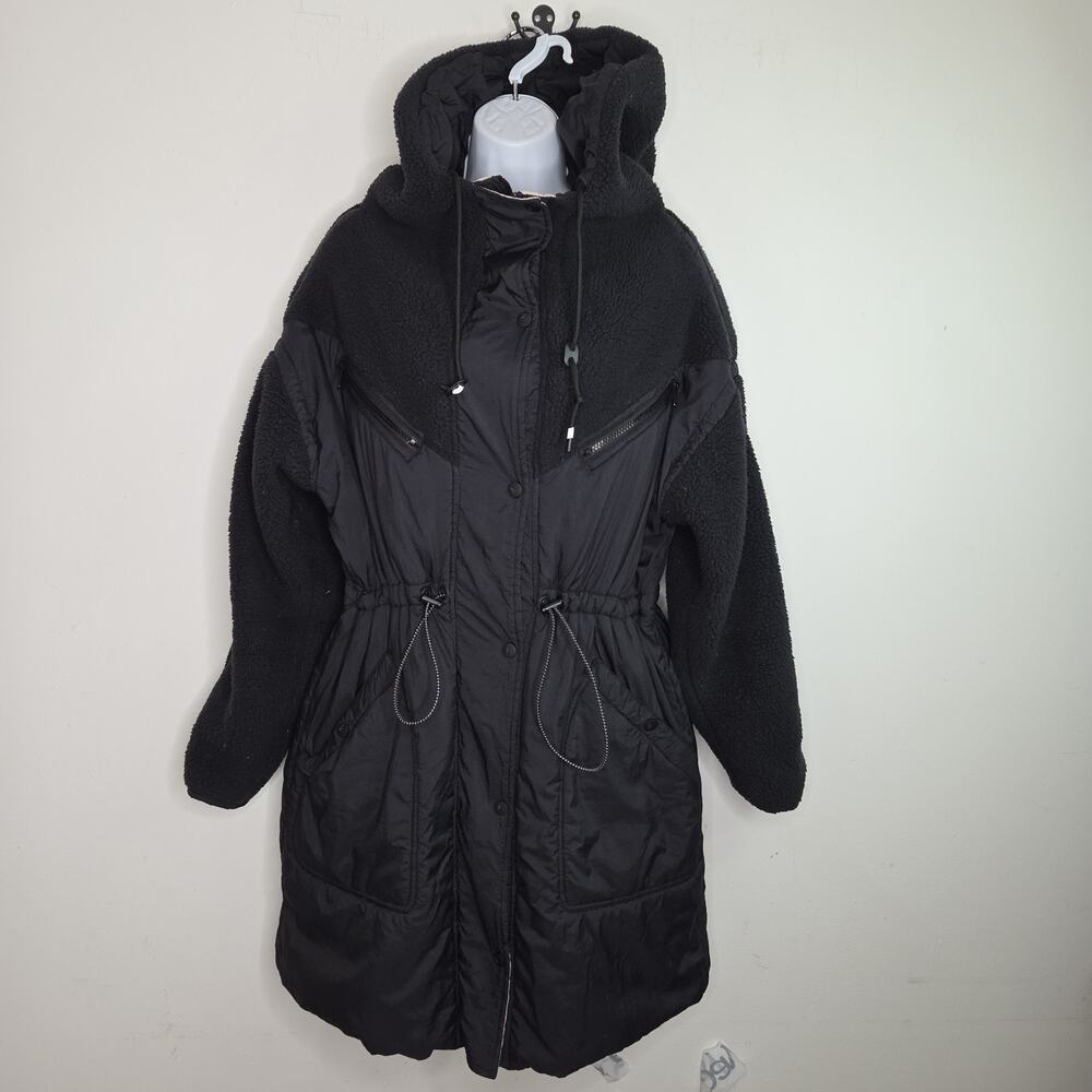Free People Movement Coat Size M/L Black Parka Hooded Pockets Teddy Oversize FP